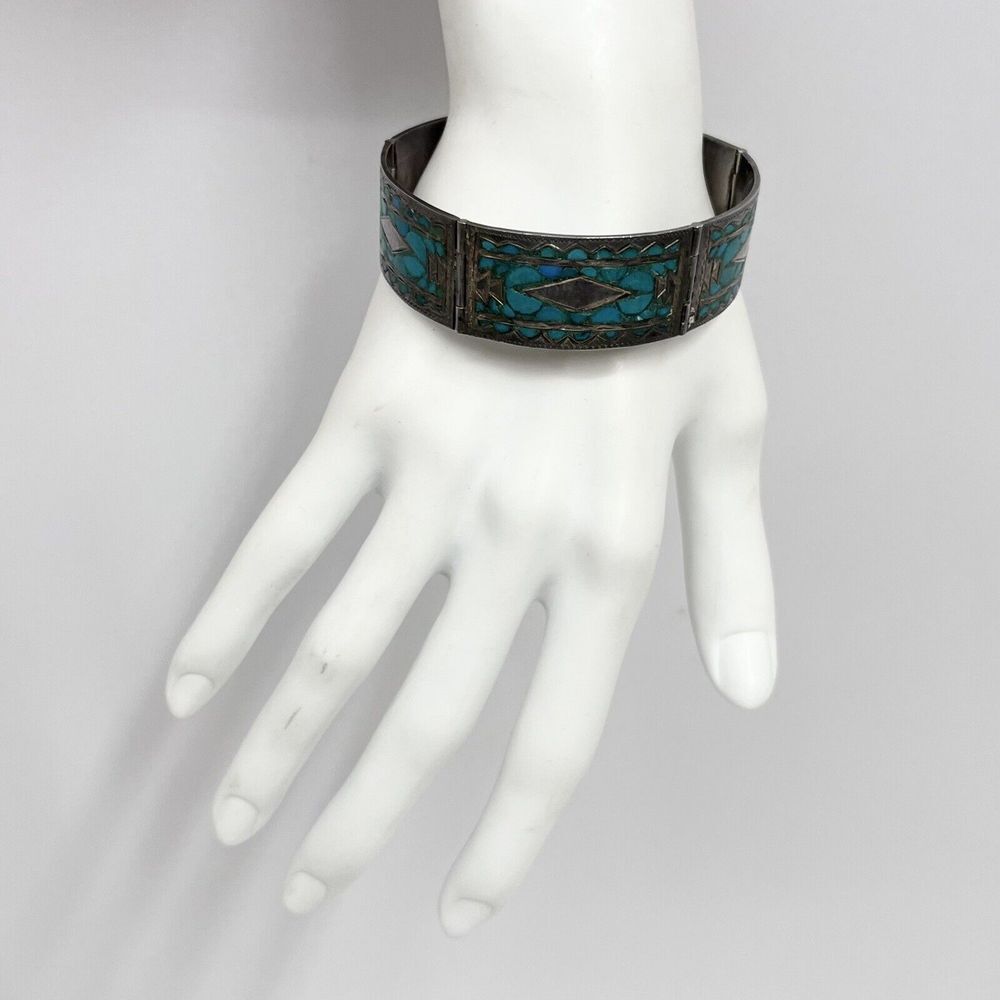 Vintage Handmade Sterling Turquoise Inlay Bracelet‎ Native American 43 Grams